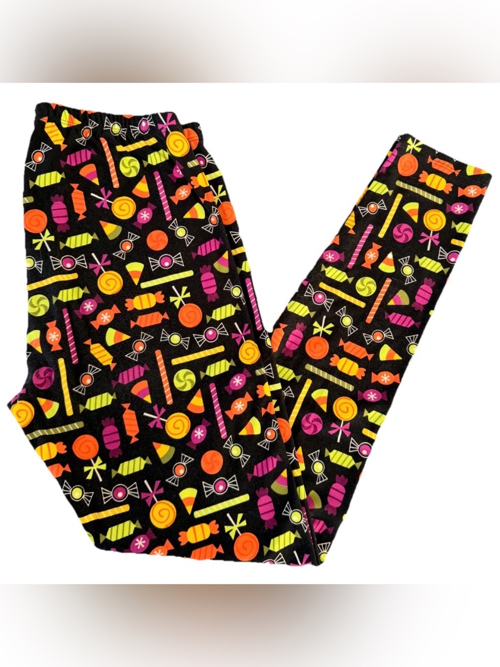 Women's Black Candy Print Leggings - Multicolor Halloween Sweets